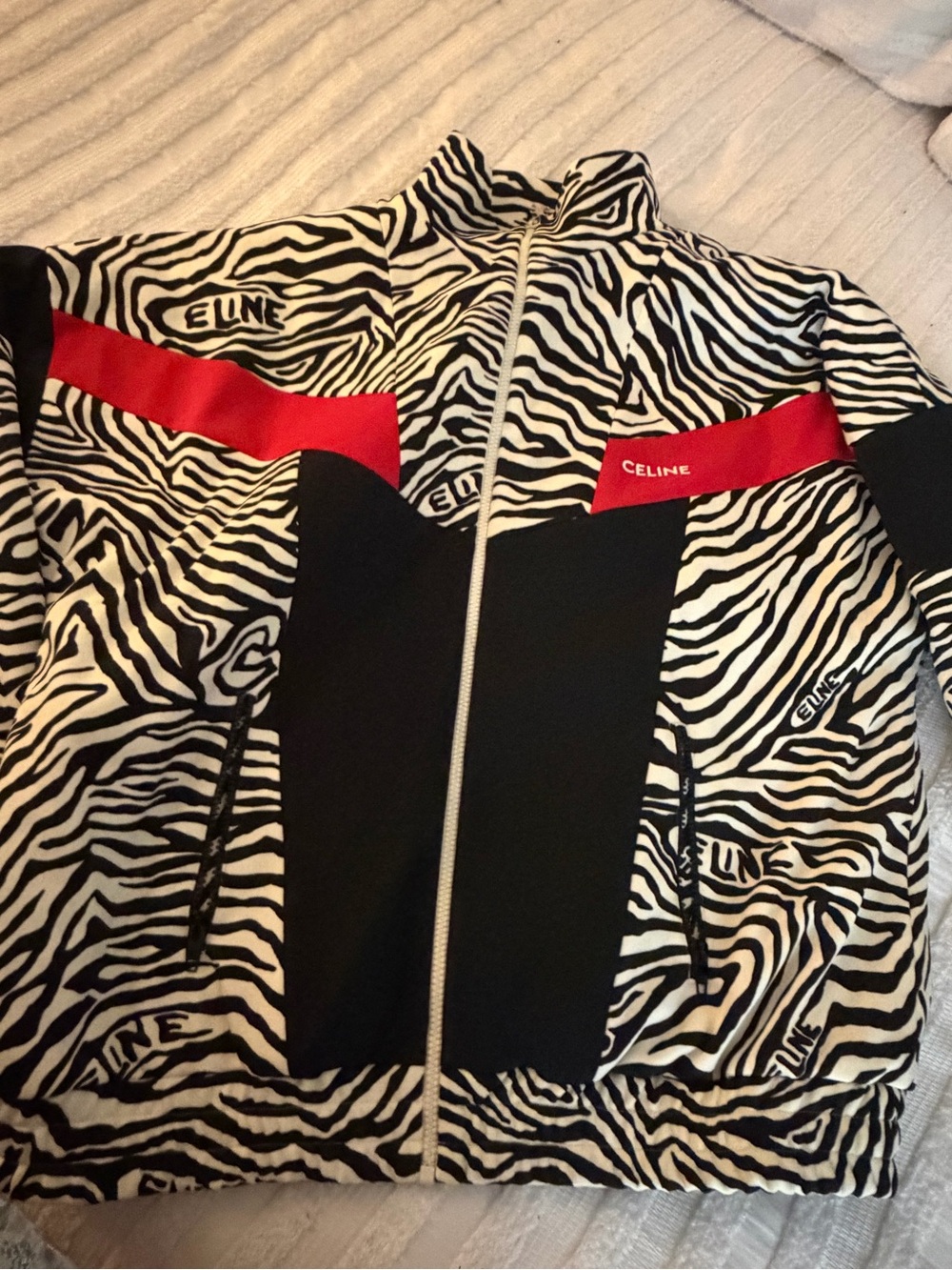 Celine Black and White Zebra Track Jacket with Red Panels